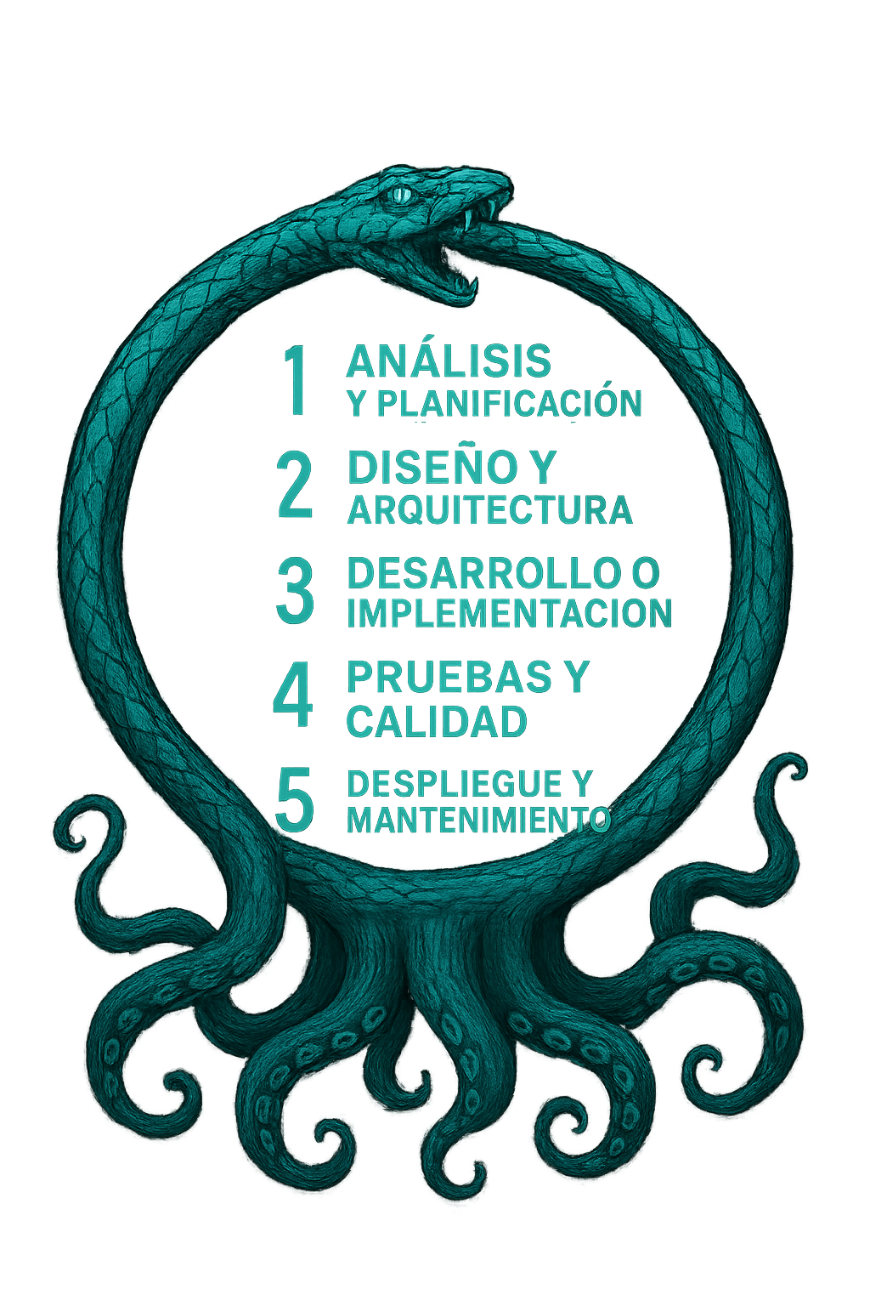 Ciclo de vida del desarrollo de software representado por una serpiente/pulpo formando un círculo